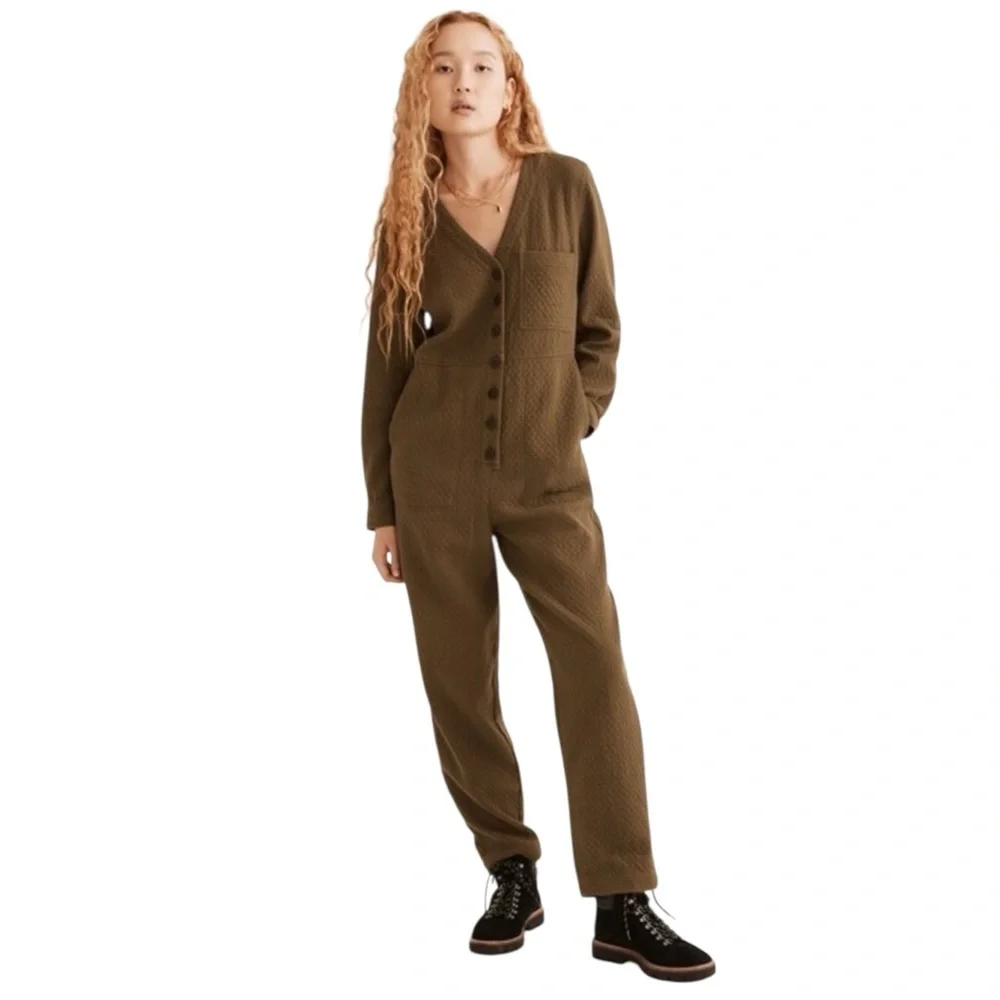 Madewell Olive Green Diamond Jacquard Button-Up Coverall Jumpsuit
